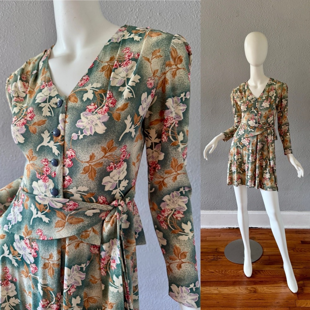 Vintage 70s Floral Green Long Sleeve Mini Dress XS